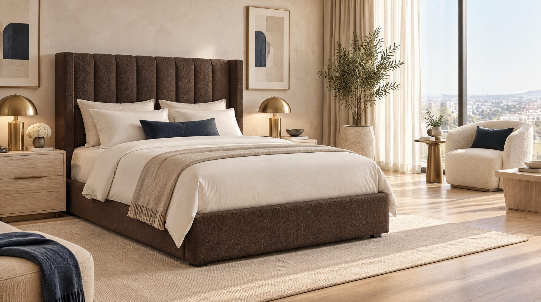 Upholstered bed in a hotel guest room