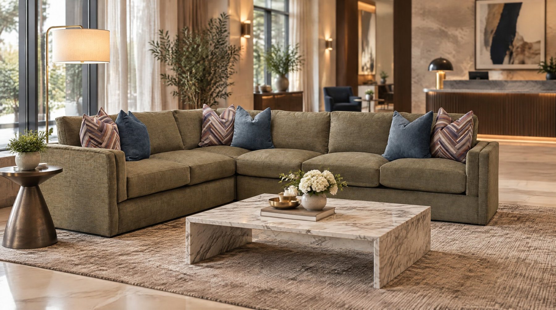 Olive sectional sofa and marble coffee table in a hotel lobby