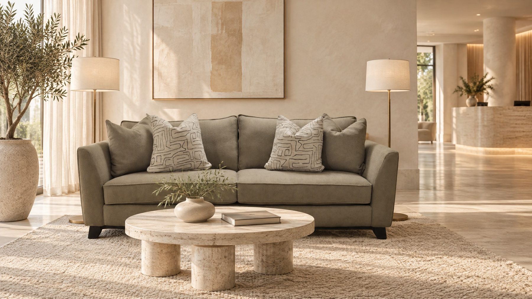 Upholstra sofa in a hotel lobby