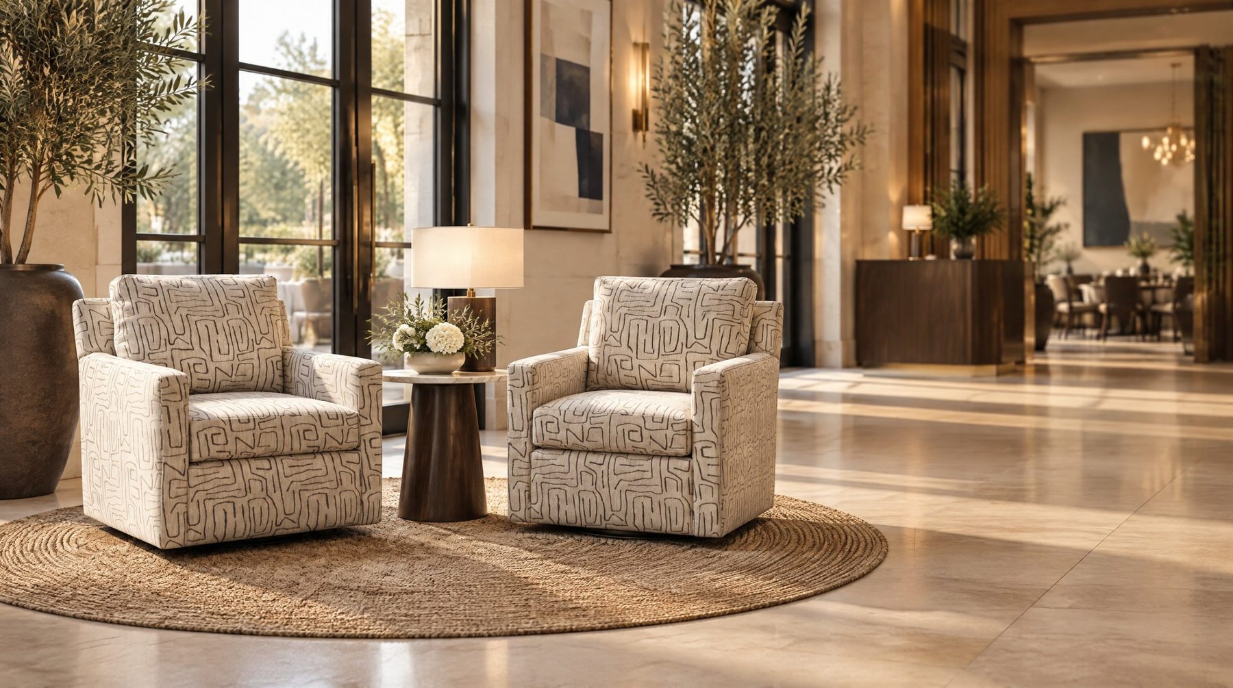 Upholstra swivel chairs in a hotel lobby seating area